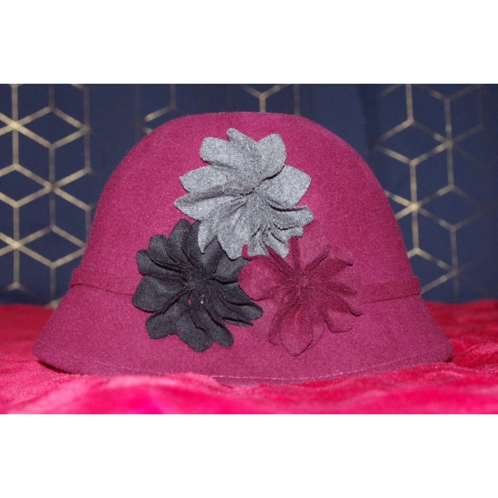 Scala Pronto‎ Womens Burgu Wool Bowler Cloche Bucket Hat Floral Accent One Size